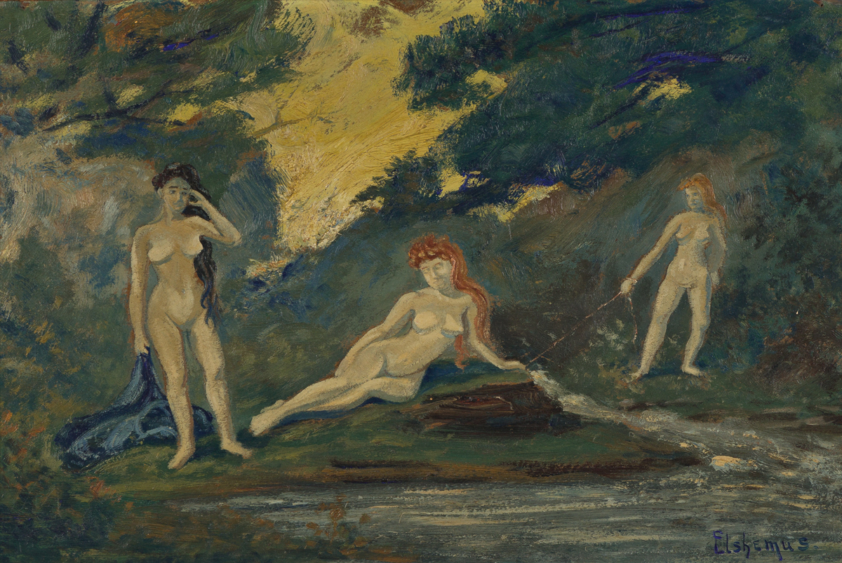 LOUIS EILSHEMIUS Three Nudes under a Yellow Sky.